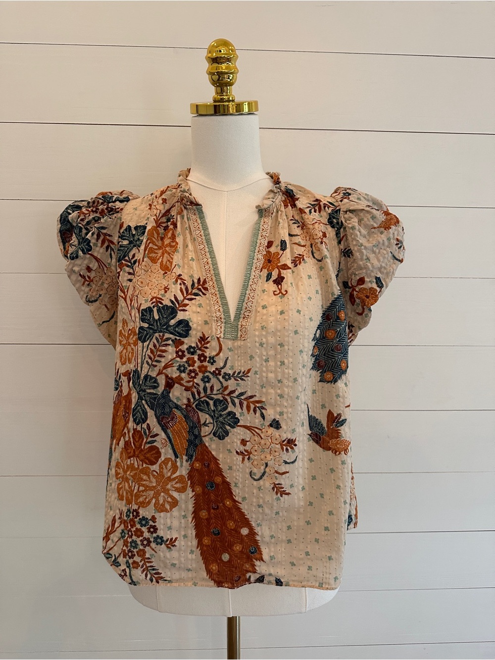 Ulla Johnson Floral Peasant Puff-Sleeve Top in Cream and Rust